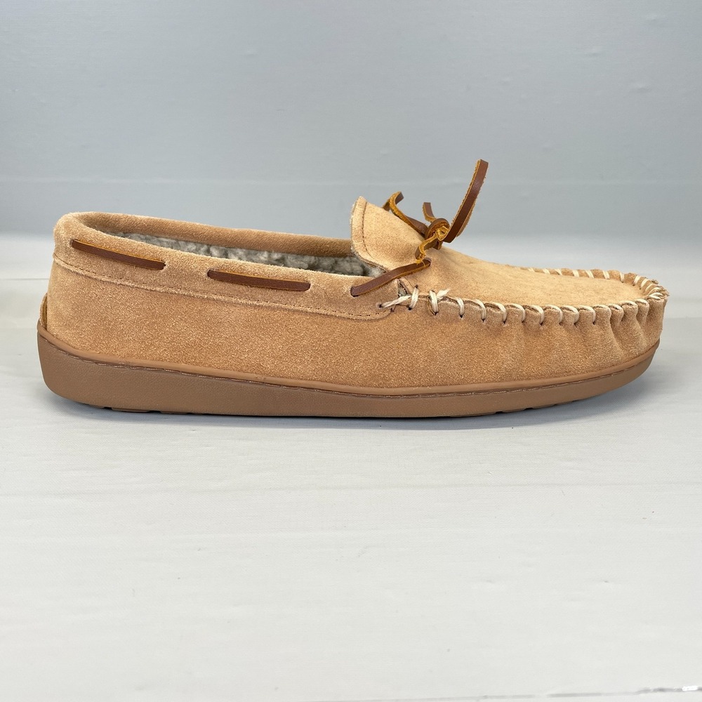 Minnetonka Moccasin Slippers Mens Size 11 Tan Suede Faux Fur Lined Slip On Shoes